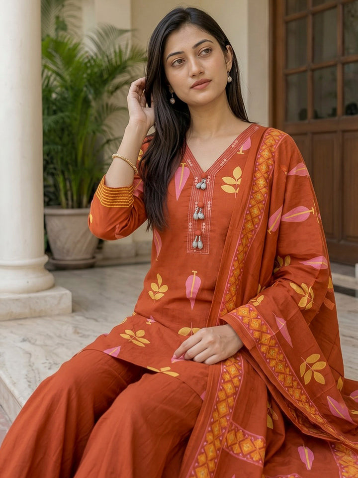 Rust Printed Cotton Blend Kurta With Pant &amp; Dupatta