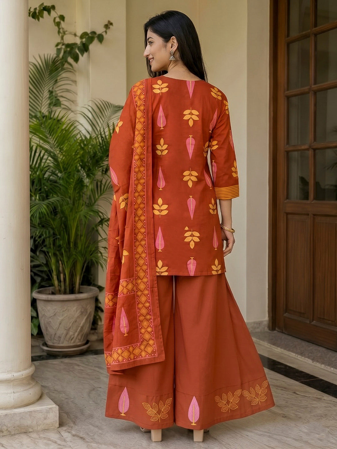 Rust Printed Cotton Blend Kurta With Pant &amp; Dupatta