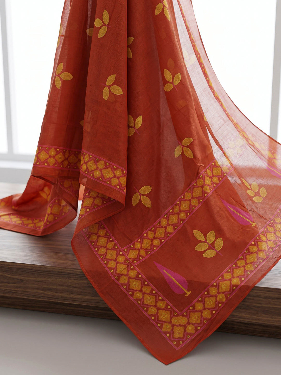 Rust Printed Cotton Blend Kurta With Pant &amp; Dupatta