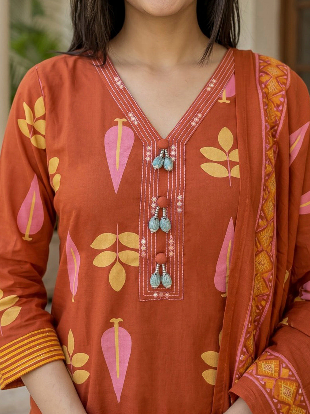 Rust Printed Cotton Blend Kurta With Pant &amp; Dupatta