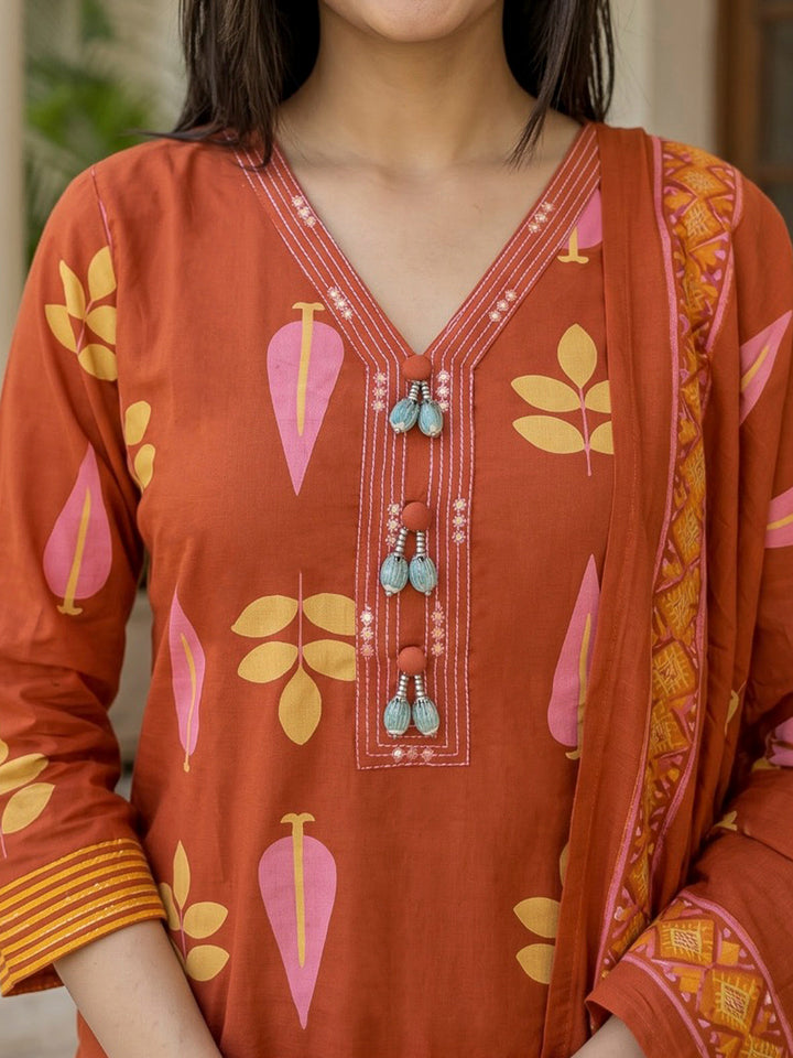 Rust Printed Cotton Blend Kurta With Pant &amp; Dupatta