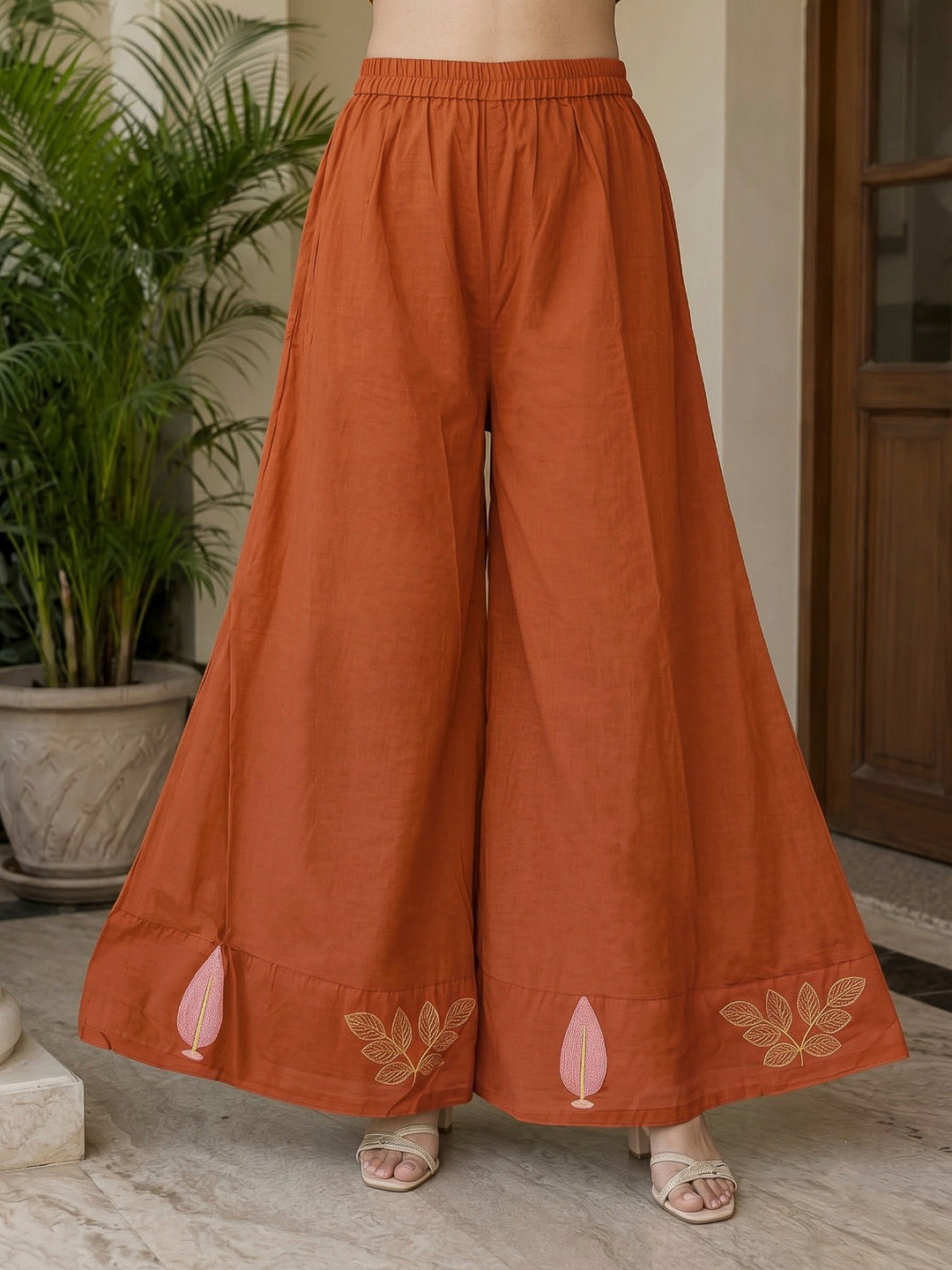 Rust Printed Cotton Blend Kurta With Pant &amp; Dupatta