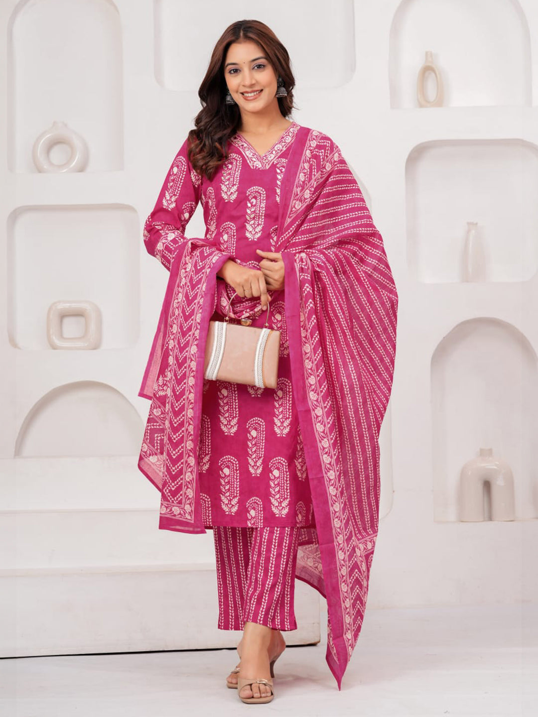 Pink Printed Cotton Blend Kurta With Pant &amp; Dupatta