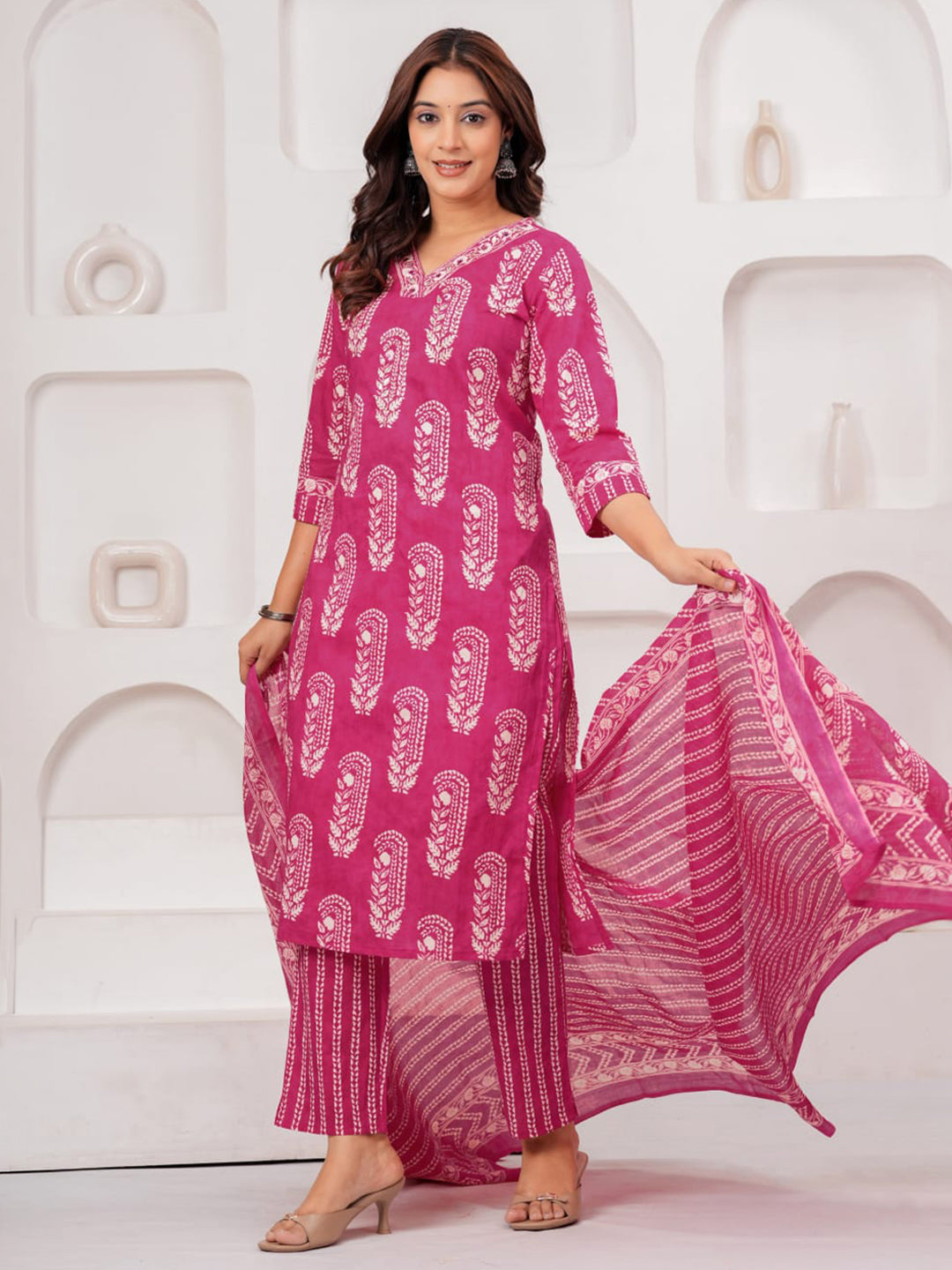 Pink Printed Cotton Blend Kurta With Pant &amp; Dupatta
