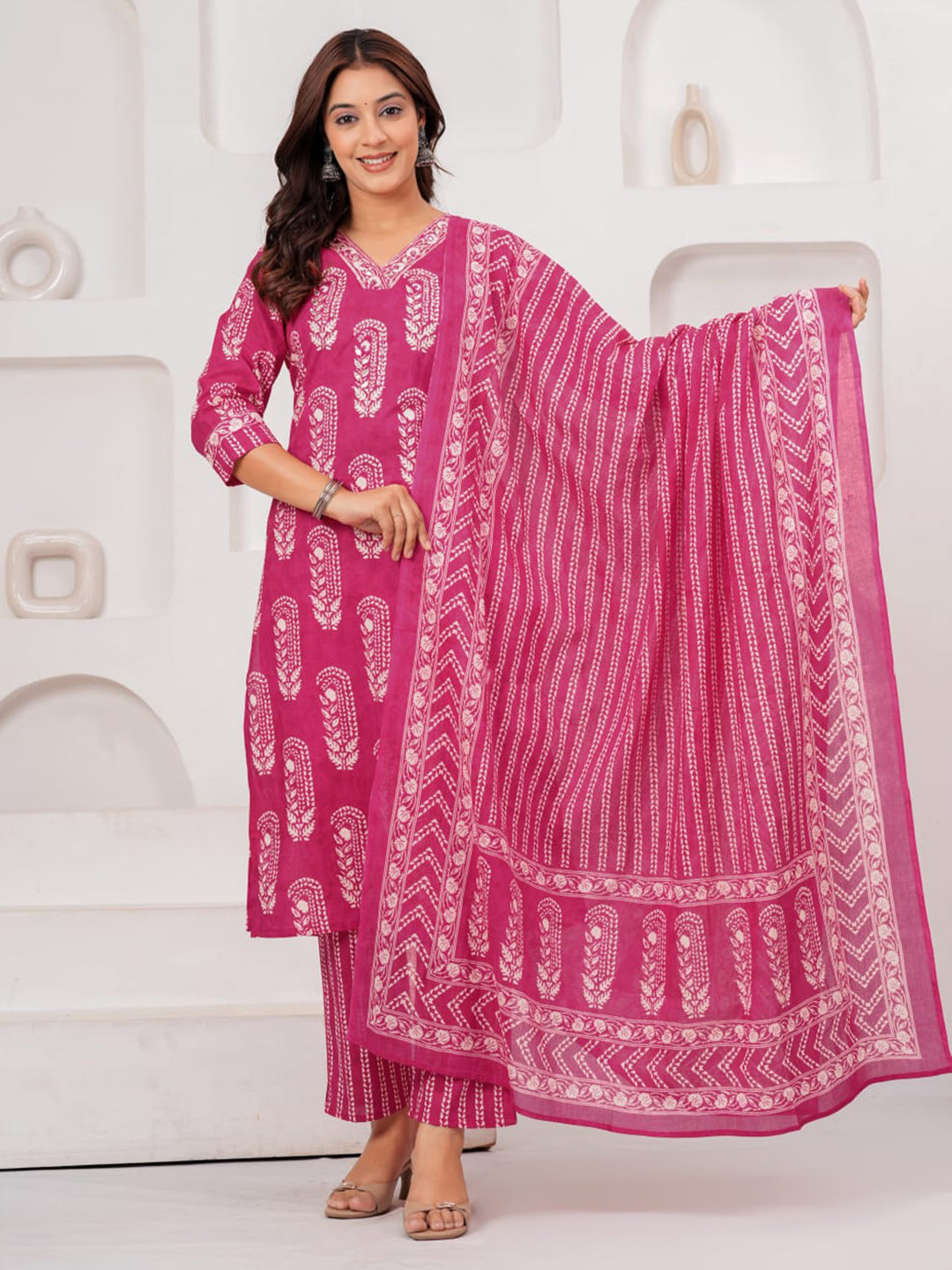 Pink Printed Cotton Blend Kurta With Pant &amp; Dupatta
