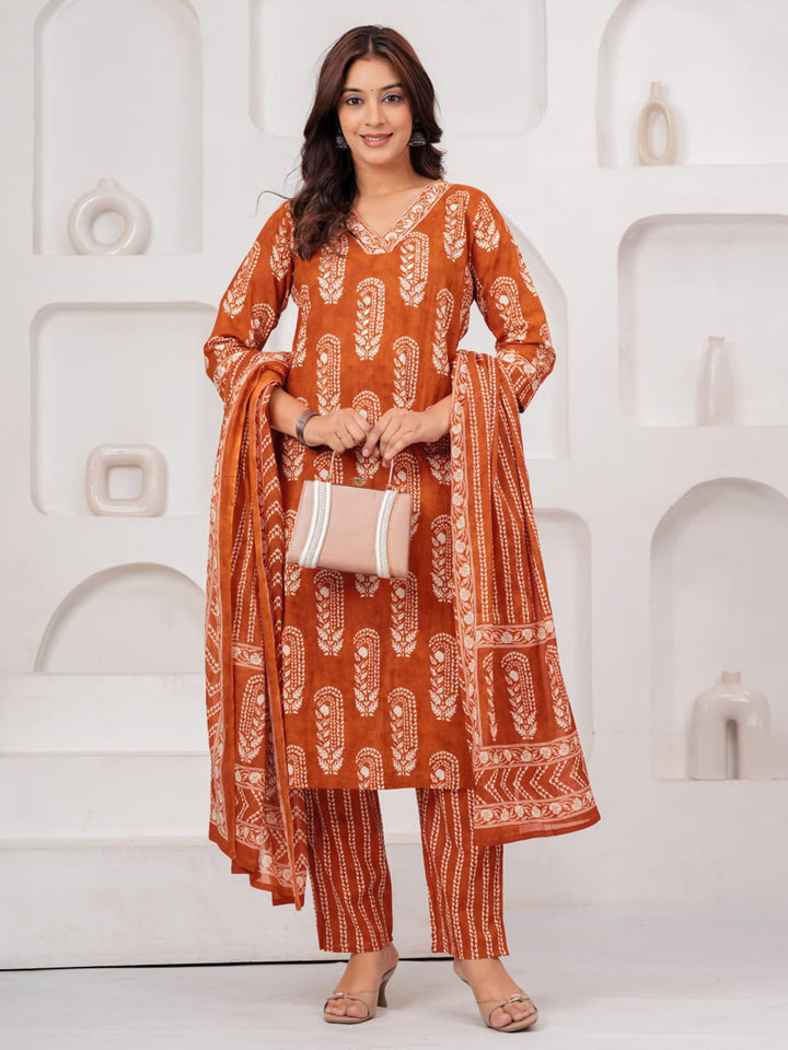 Rust Printed Cotton Blend Kurta With Pant &amp; Dupatta