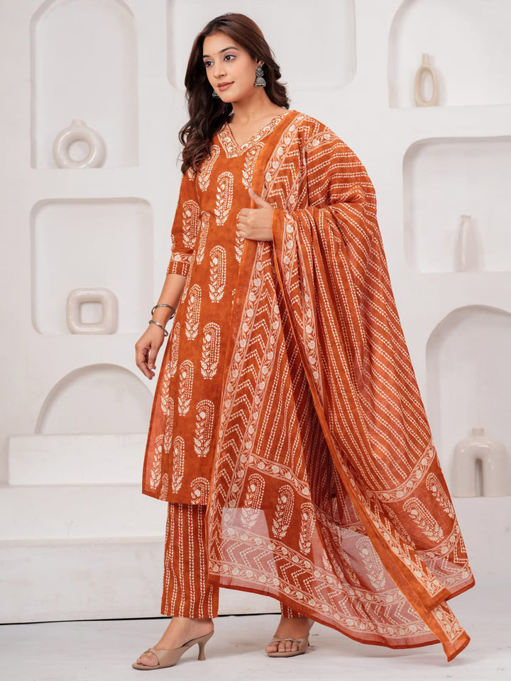 Rust Printed Cotton Blend Kurta With Pant &amp; Dupatta