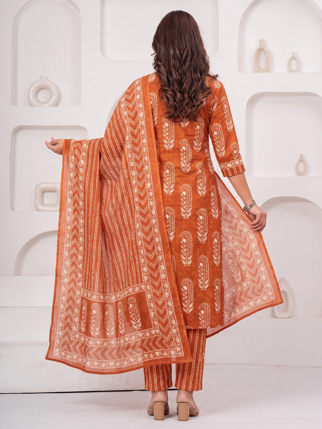 Rust Printed Cotton Blend Kurta With Pant &amp; Dupatta