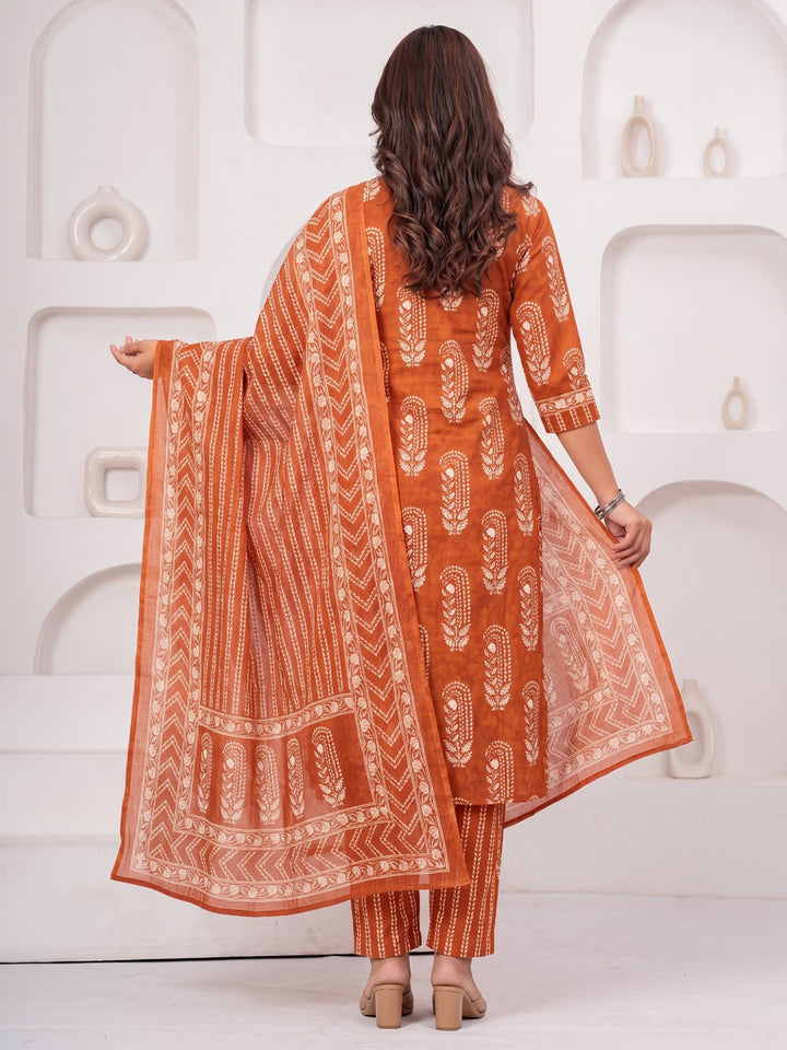 Rust Printed Cotton Blend Kurta With Pant &amp; Dupatta