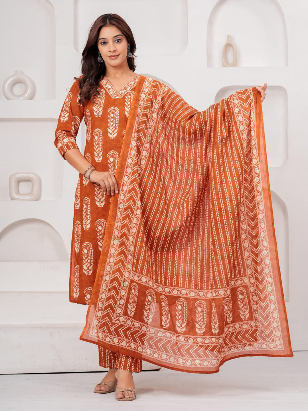 Rust Printed Cotton Blend Kurta With Pant &amp; Dupatta