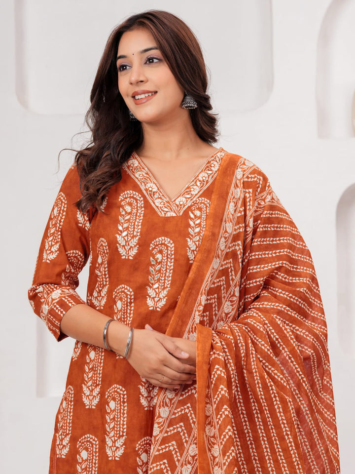 Rust Printed Cotton Blend Kurta With Pant &amp; Dupatta