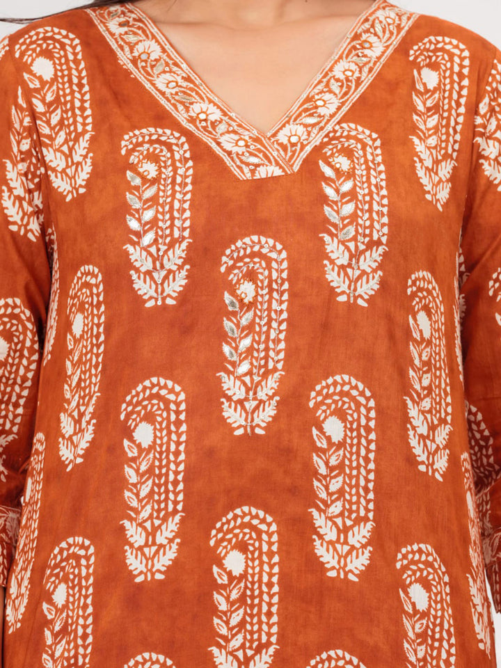 Rust Printed Cotton Blend Kurta With Pant &amp; Dupatta