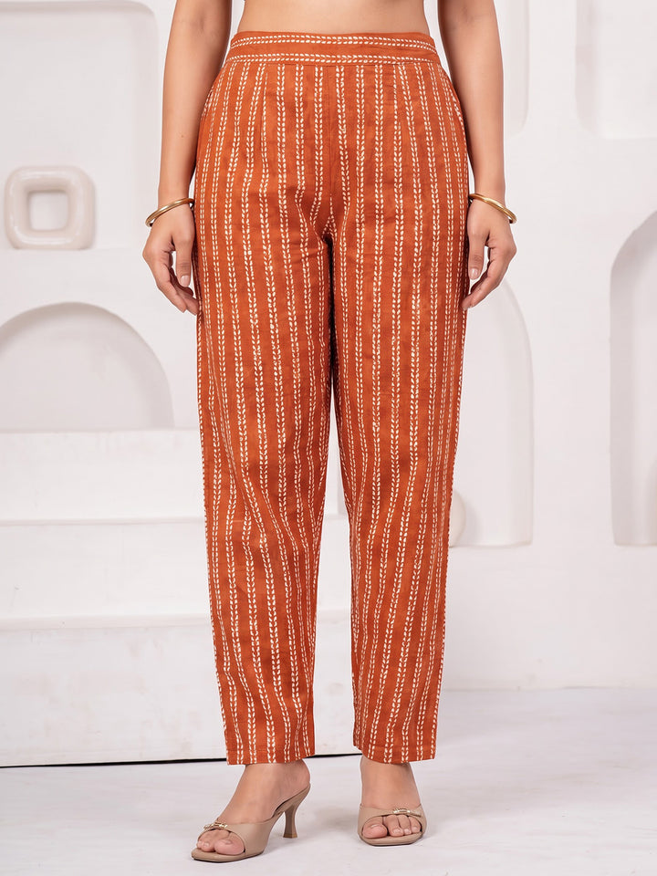 Rust Printed Cotton Blend Kurta With Pant &amp; Dupatta
