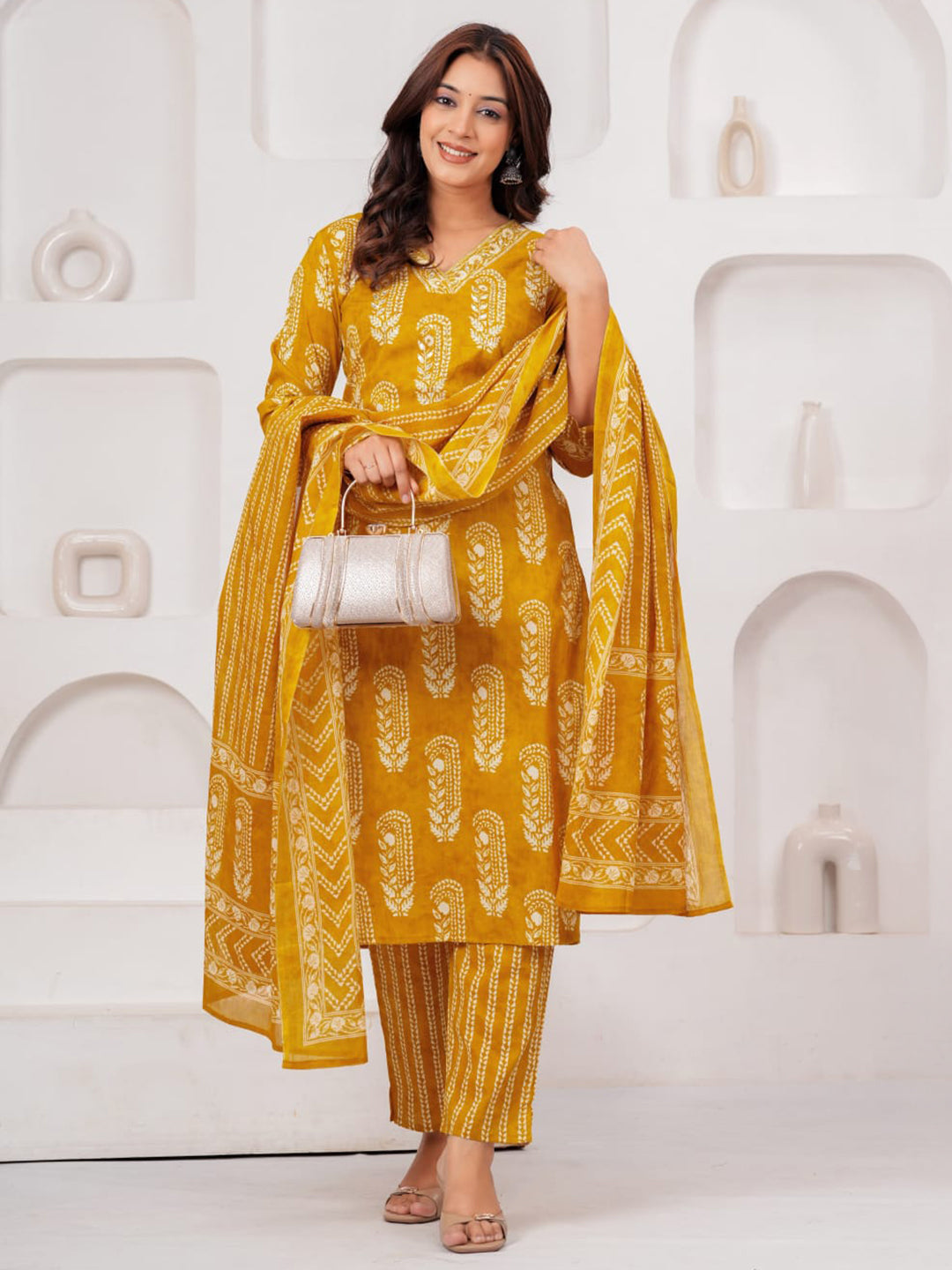 Yellow Printed Cotton Blend Kurta With Pant &amp; Dupatta