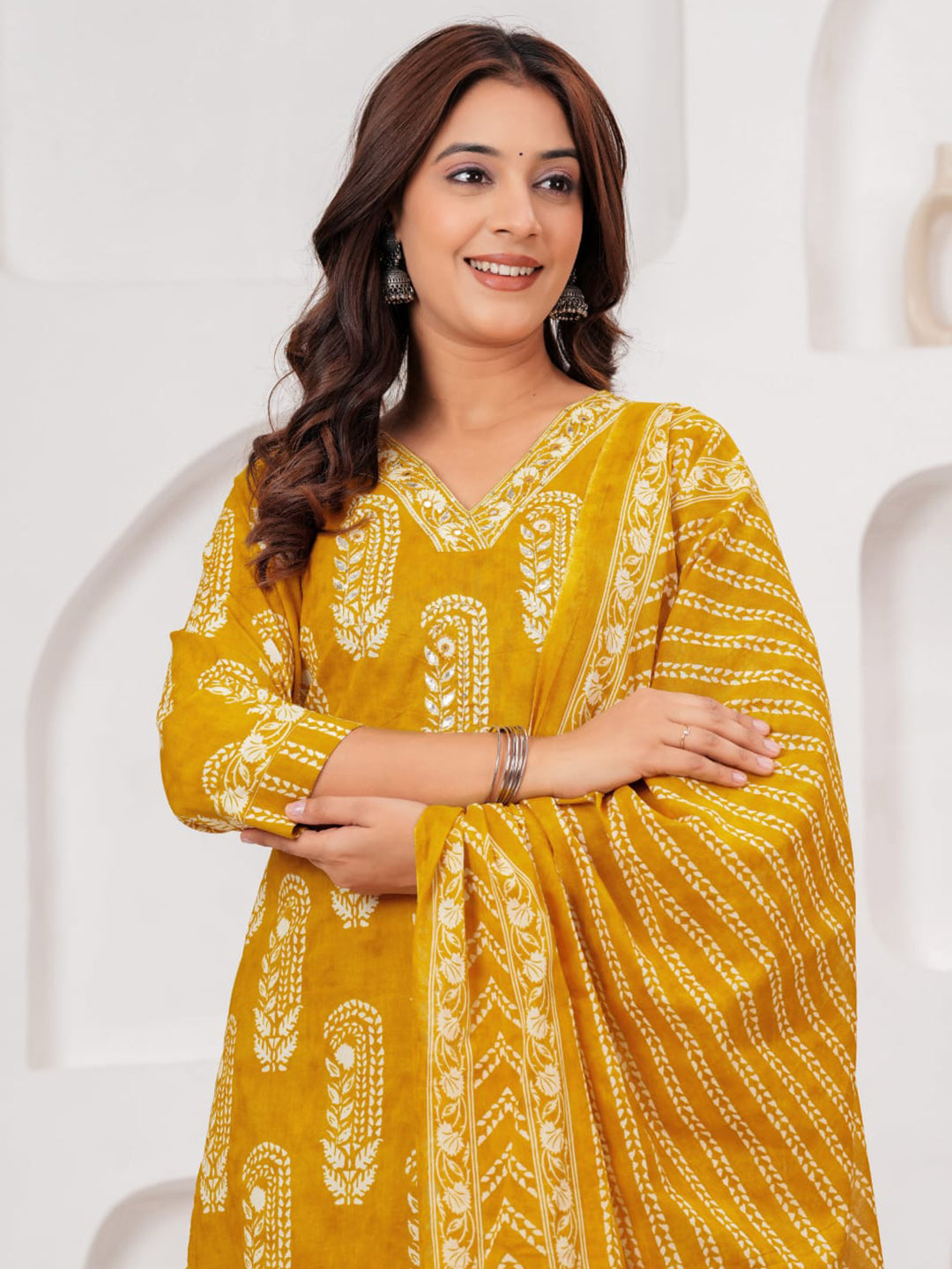 Yellow Printed Cotton Blend Kurta With Pant &amp; Dupatta