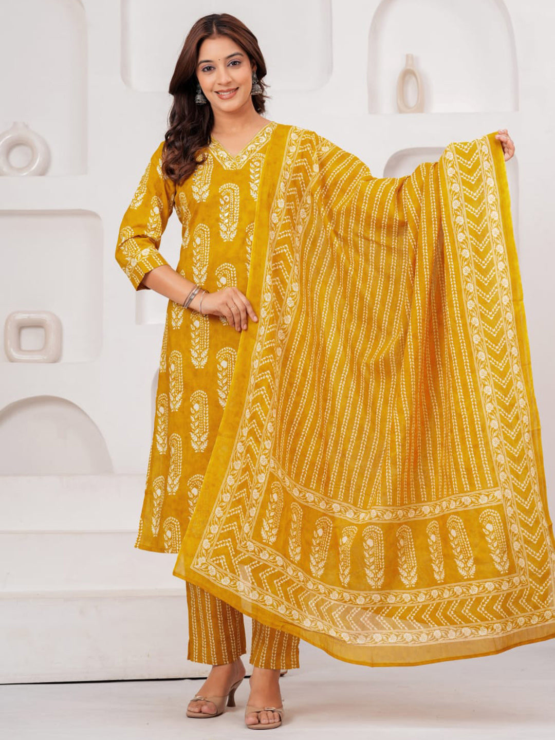 Yellow Printed Cotton Blend Kurta With Pant &amp; Dupatta