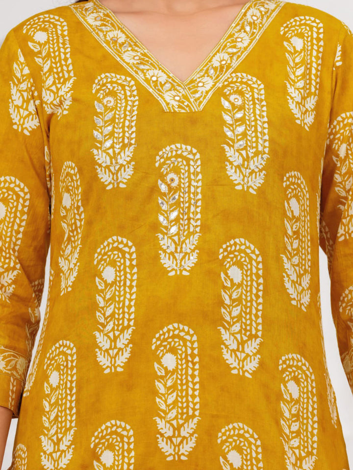 Yellow Printed Cotton Blend Kurta With Pant &amp; Dupatta
