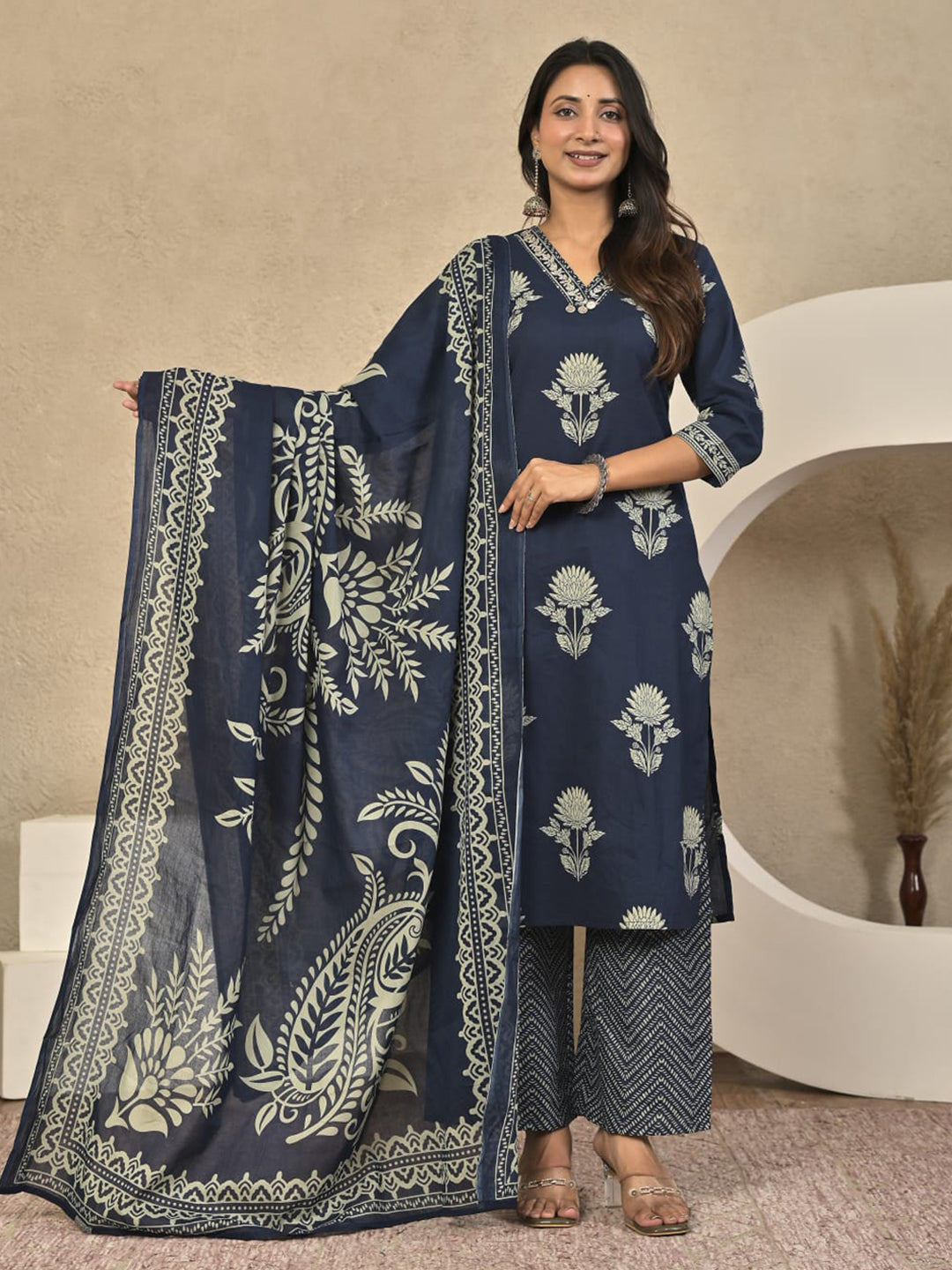 Blue Printed Cotton Blend Kurta With Pant &amp; Dupatta