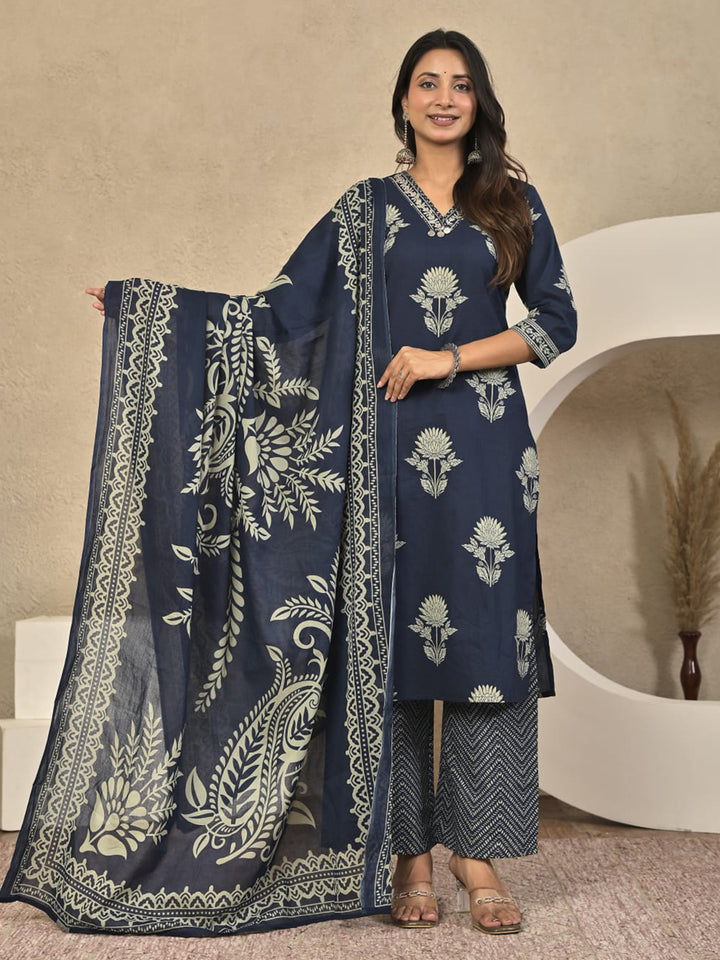 Blue Printed Cotton Blend Kurta With Pant &amp; Dupatta