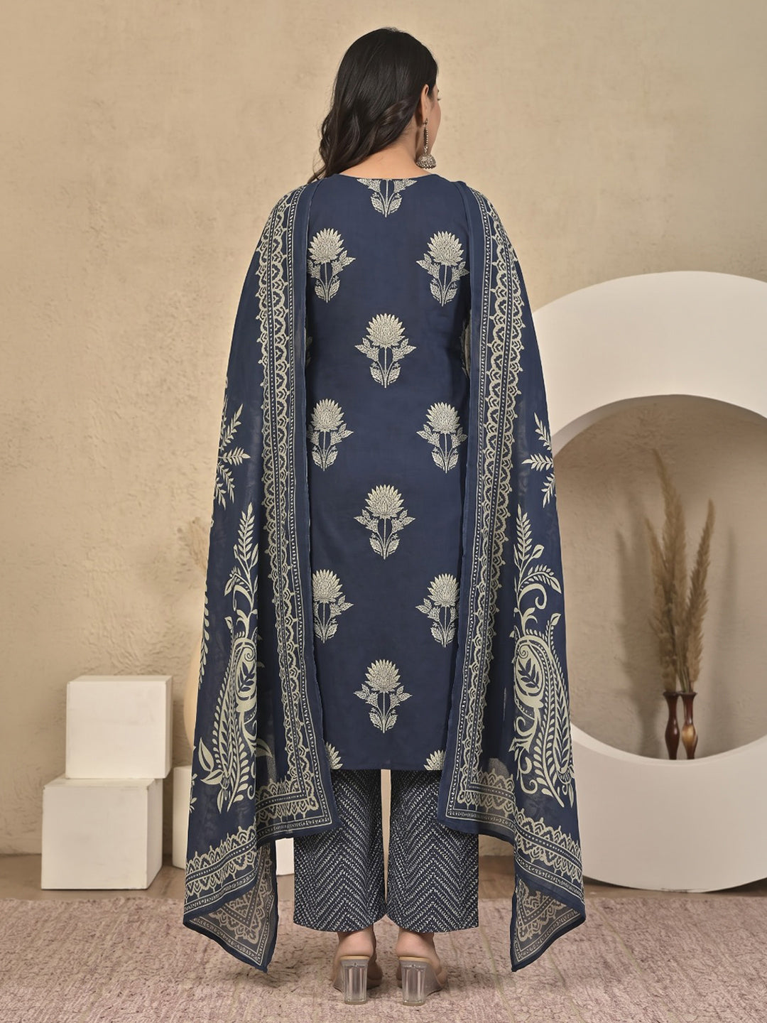 Blue Printed Cotton Blend Kurta With Pant &amp; Dupatta