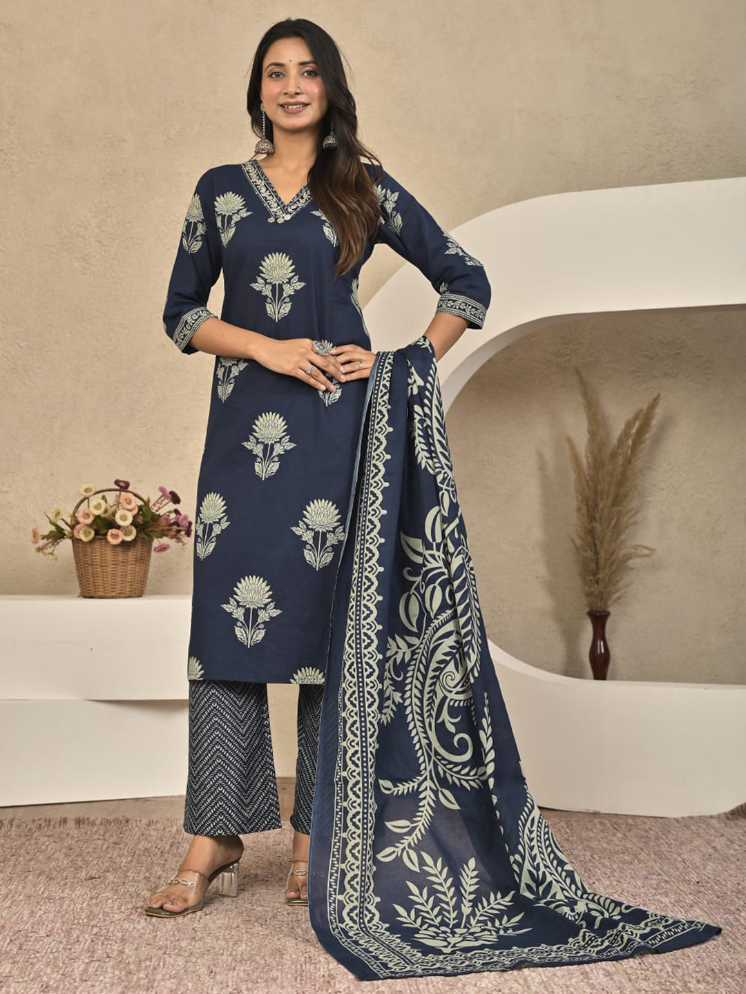 Blue Printed Cotton Blend Kurta With Pant &amp; Dupatta