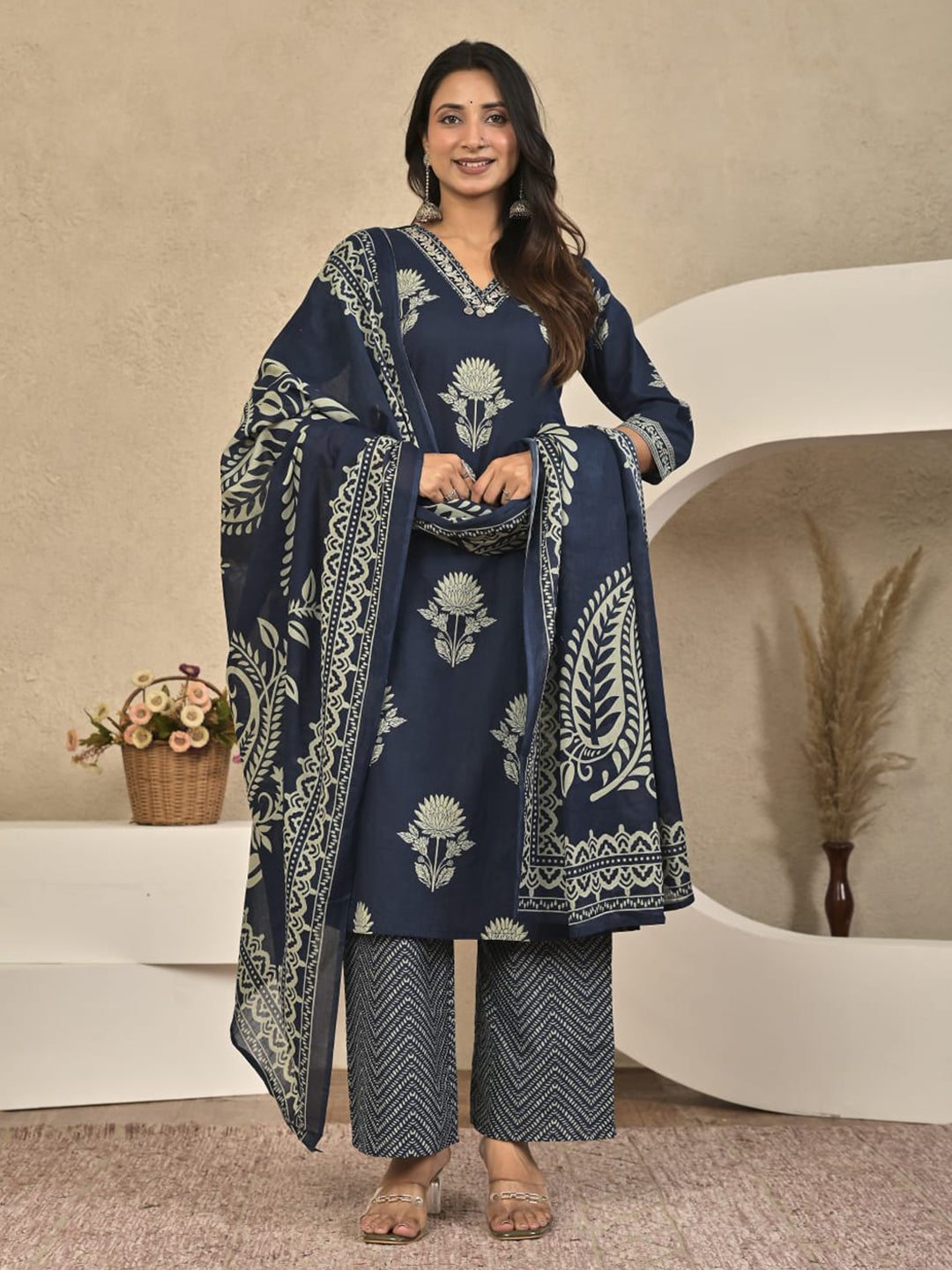 Blue Printed Cotton Blend Kurta With Pant &amp; Dupatta