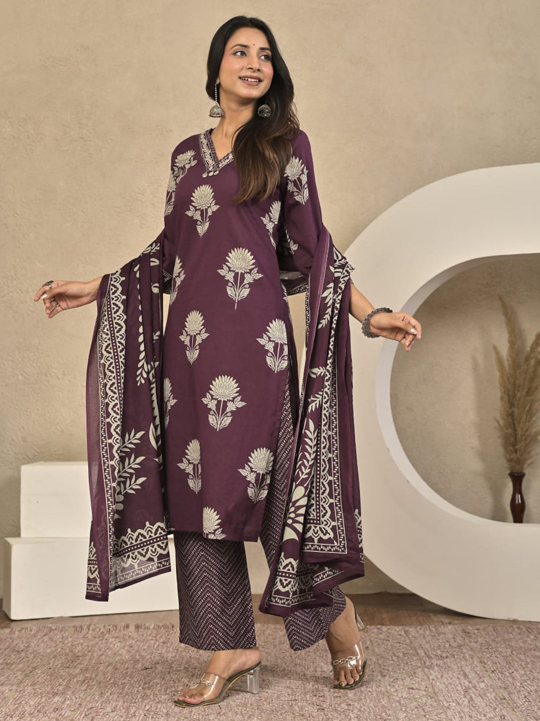 Wine Printed Cotton Blend Kurta With Pant &amp; Dupatta