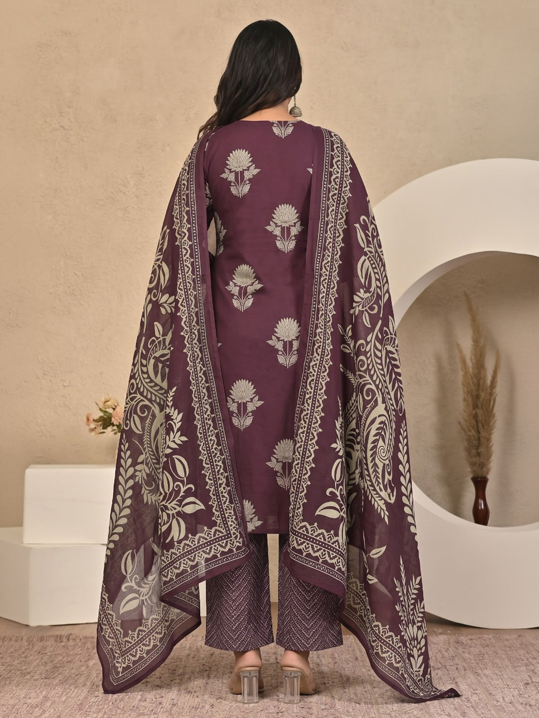 Wine Printed Cotton Blend Kurta With Pant &amp; Dupatta