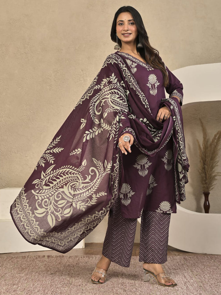 Wine Printed Cotton Blend Kurta With Pant &amp; Dupatta