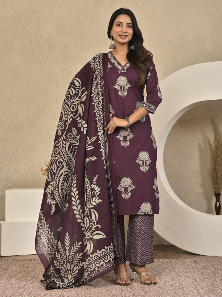 Wine Printed Cotton Blend Kurta With Pant &amp; Dupatta