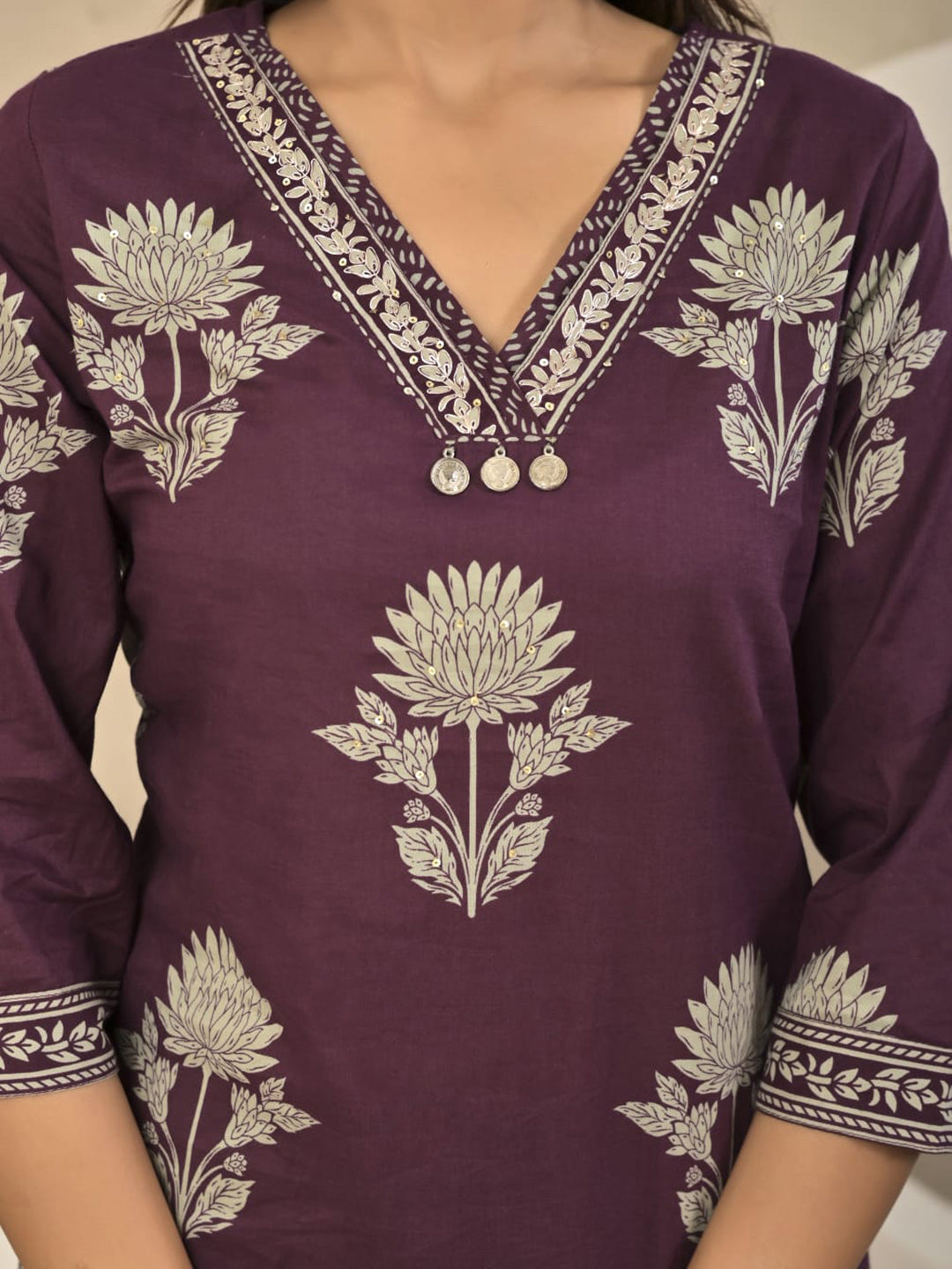 Wine Printed Cotton Blend Kurta With Pant &amp; Dupatta