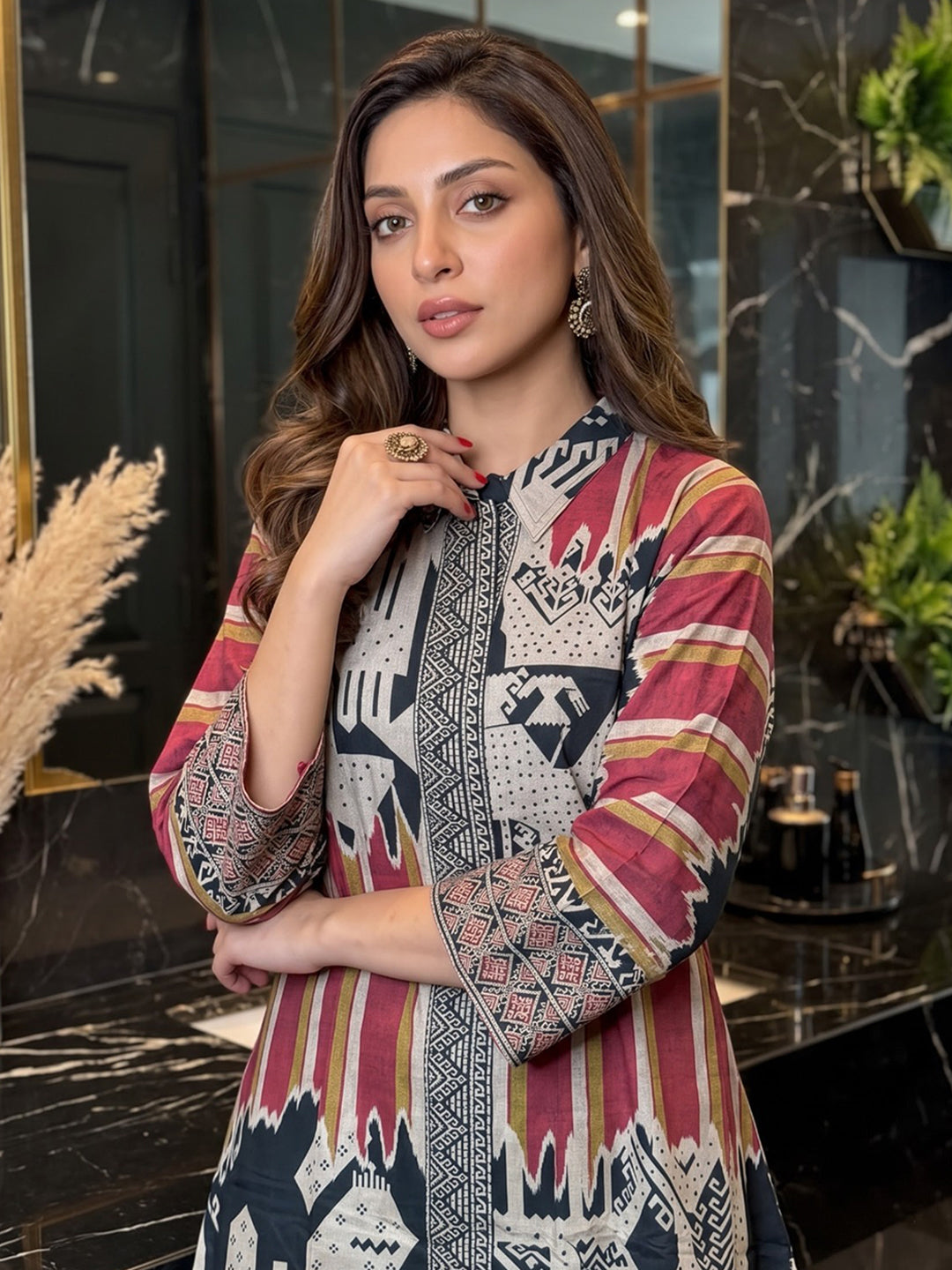 Maroon Printed Crepe Kurta Set