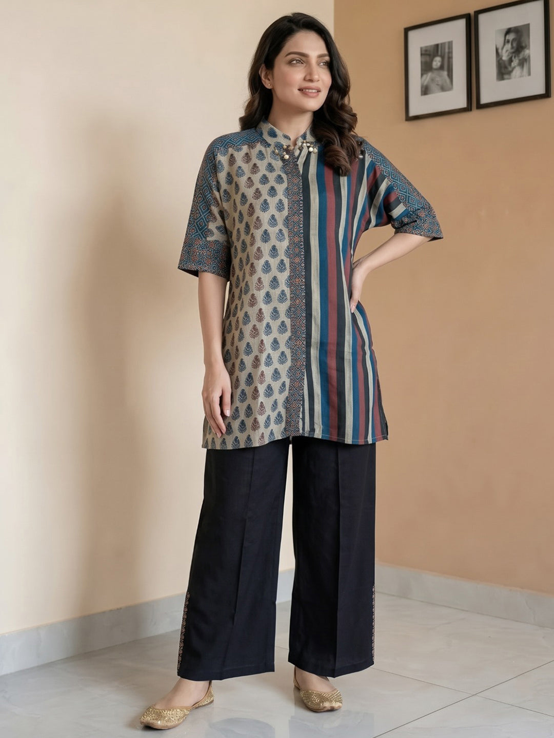 Beige Printed Crepe Kurta Set