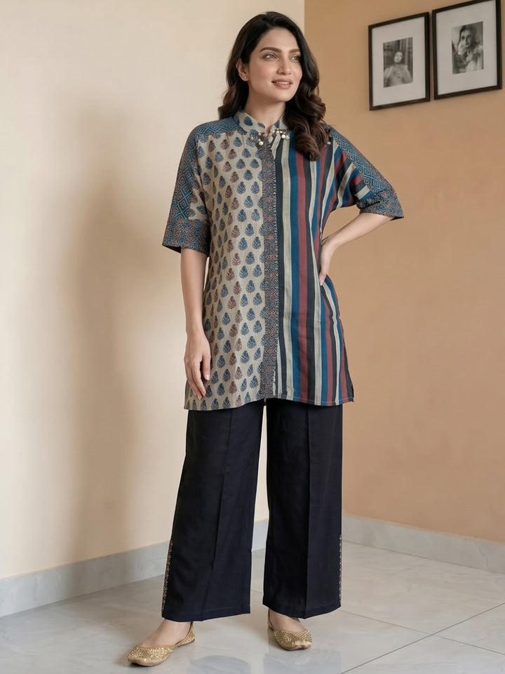 Beige Printed Crepe Kurta Set