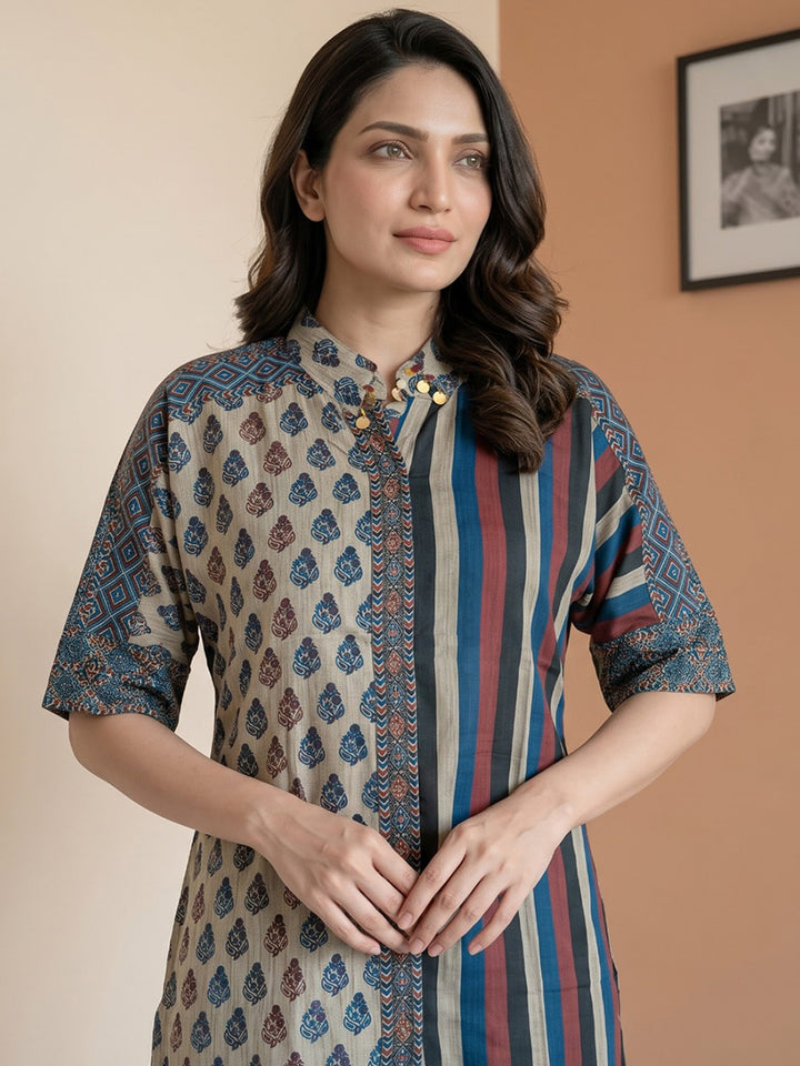Beige Printed Crepe Kurta Set