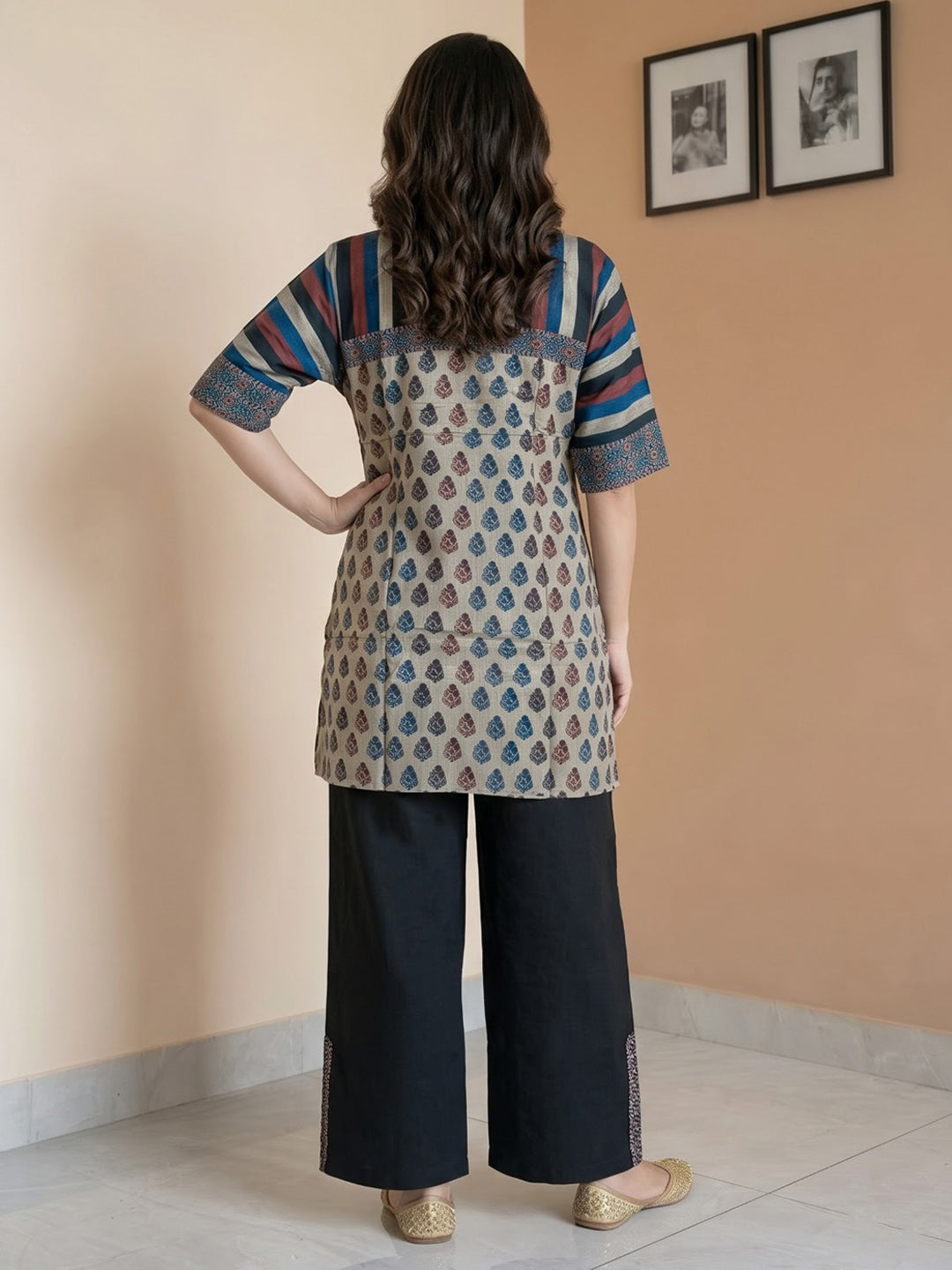 Beige Printed Crepe Kurta Set