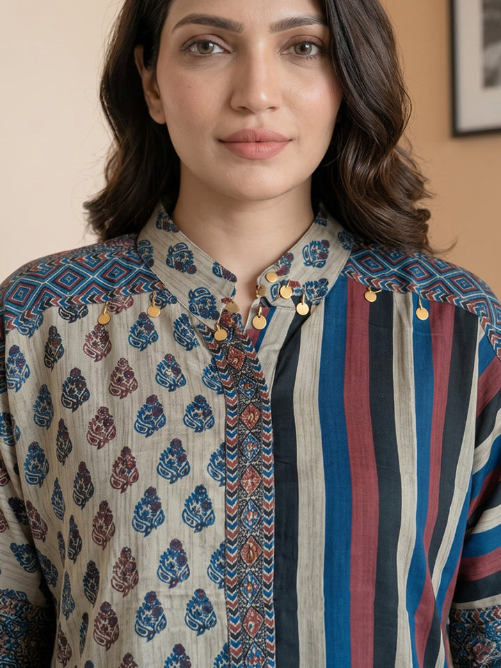 Beige Printed Crepe Kurta Set