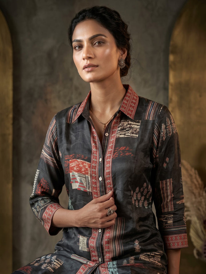Black Printed Crepe Kurta Set