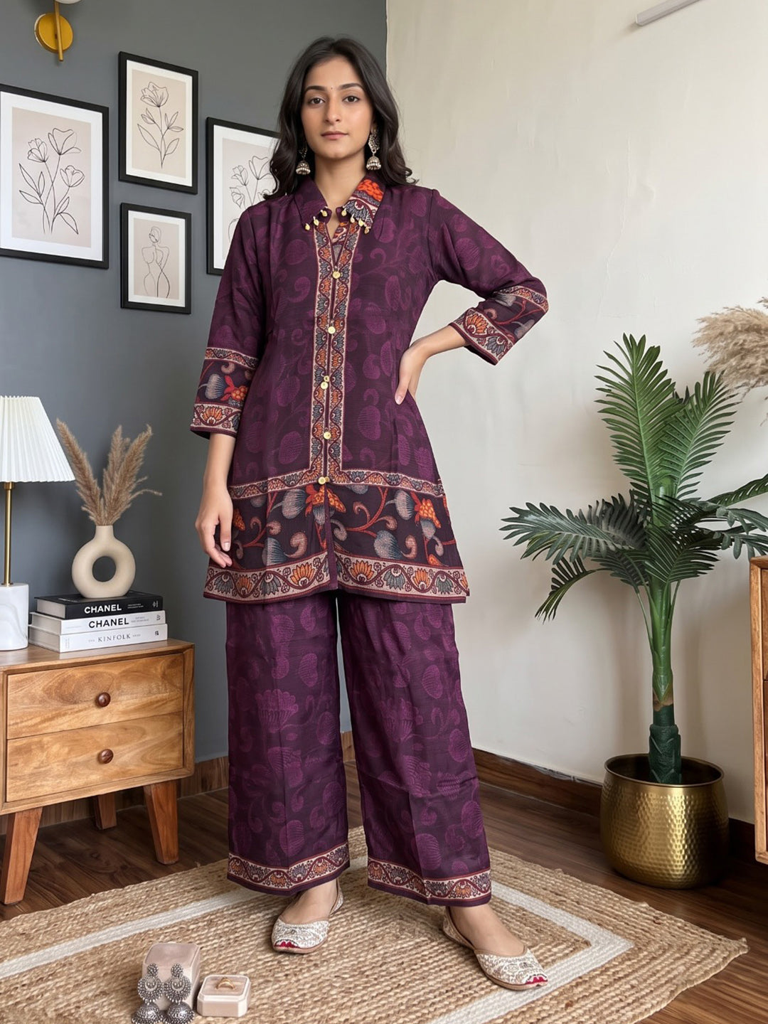 Purple Embroidered Crepe Kurta Set