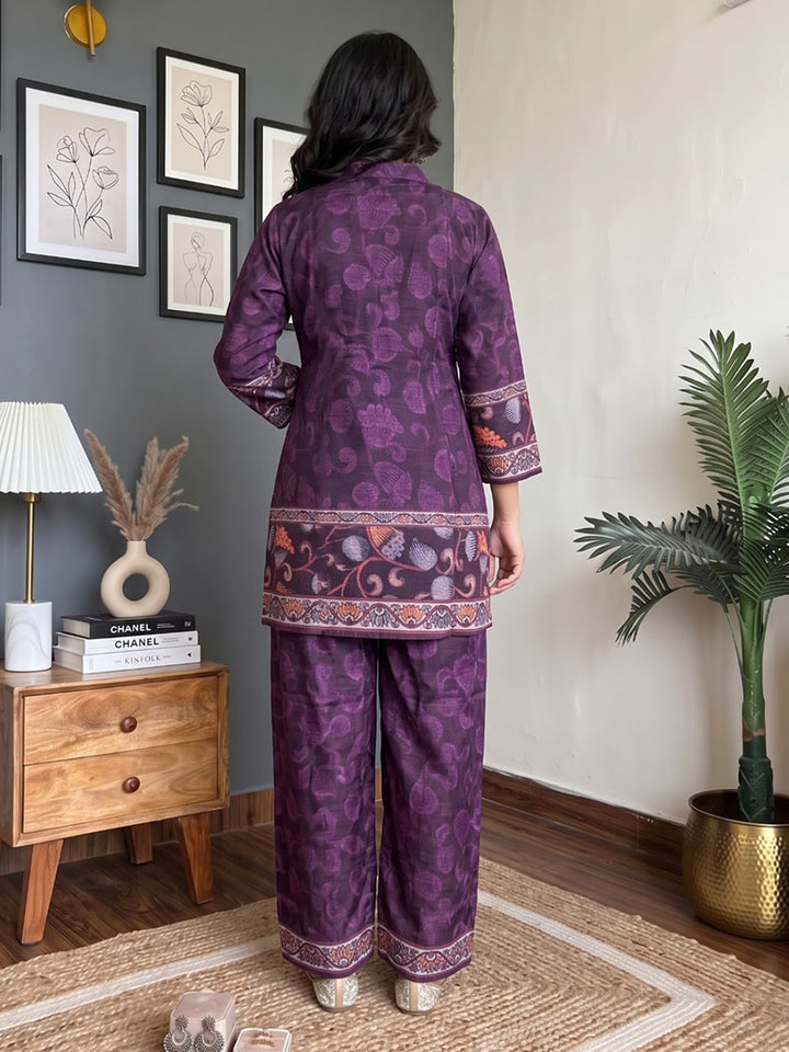 Purple Embroidered Crepe Kurta Set