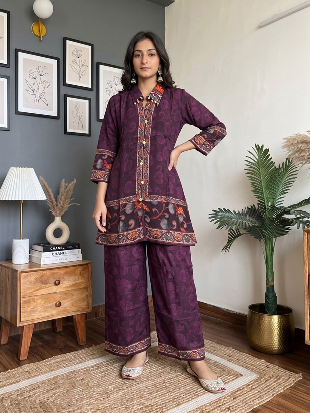 Purple Embroidered Crepe Kurta With Pant &amp; Dupatta