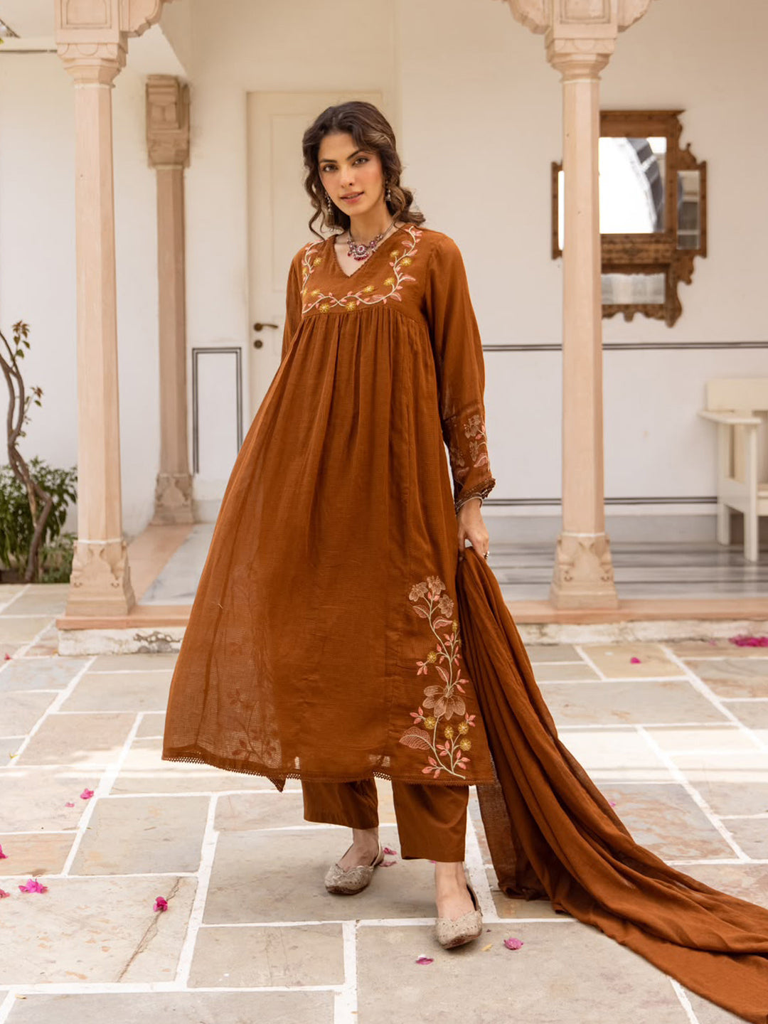 Brown Printed Cotton Blend Kurta With Pant &amp; Dupatta