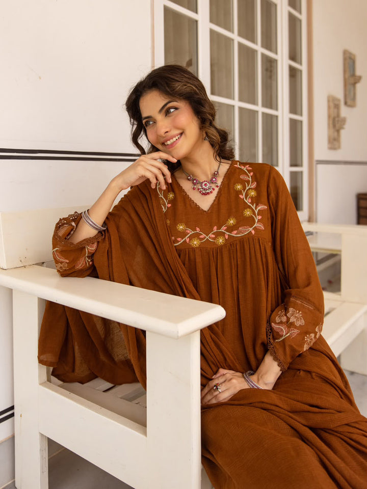 Brown Printed Cotton Blend Kurta With Pant &amp; Dupatta