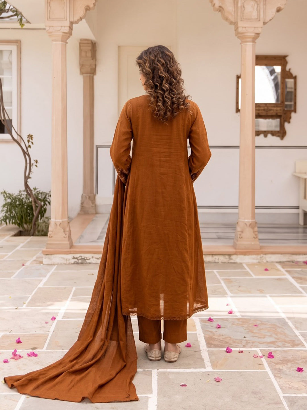 Brown Printed Cotton Blend Kurta With Pant &amp; Dupatta