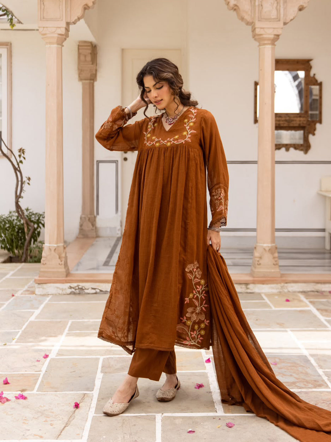 Brown Printed Cotton Blend Kurta With Pant &amp; Dupatta