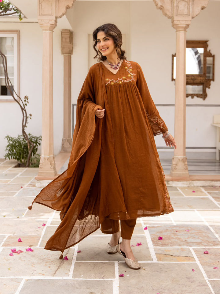 Brown Printed Cotton Blend Kurta With Pant &amp; Dupatta