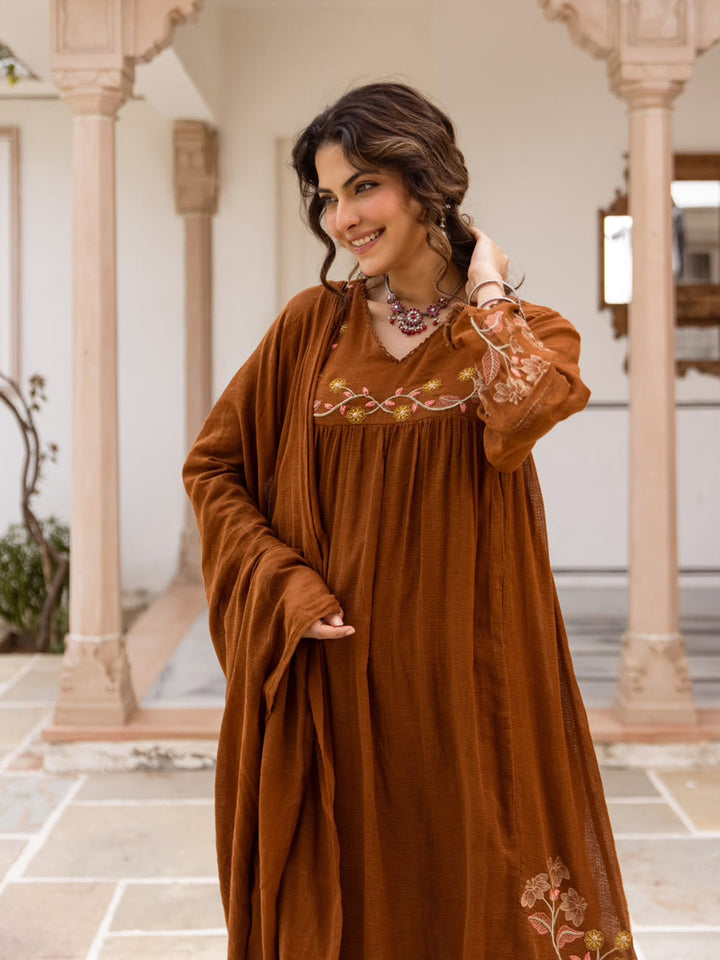 Brown Printed Cotton Blend Kurta With Pant &amp; Dupatta