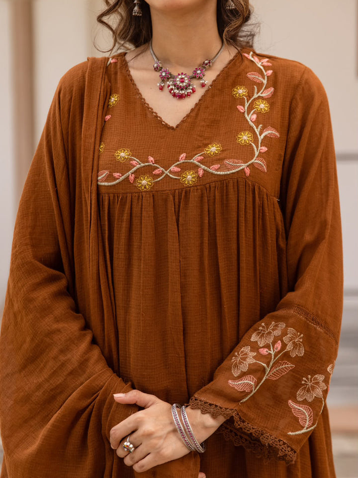 Brown Printed Cotton Blend Kurta With Pant &amp; Dupatta