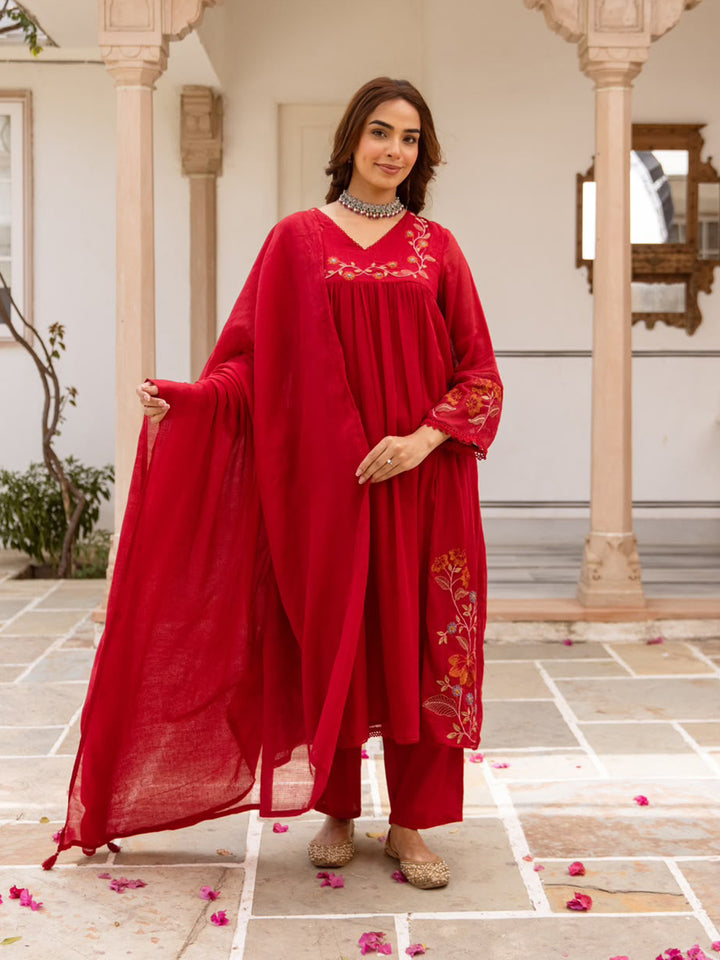 Red Printed Cotton Blend Kurta With Pant &amp; Dupatta