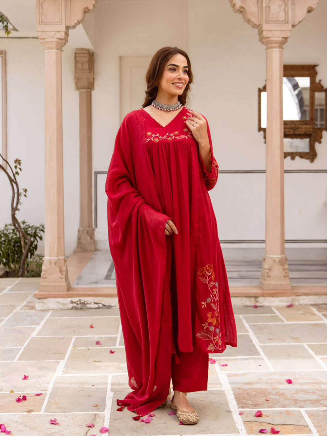 Red Printed Cotton Blend Kurta With Pant &amp; Dupatta